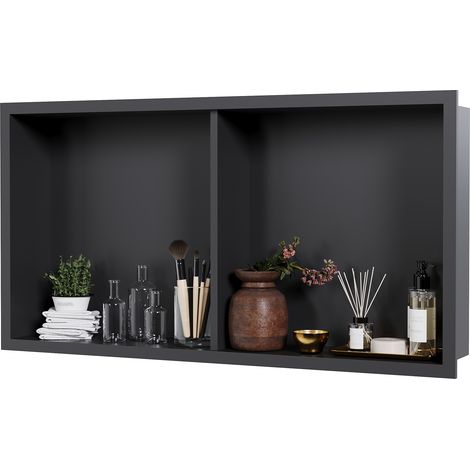 Niche de douche encastrée en acier inoxydable 304 – Rangement peinture murale vertical double grille – Anti-rouille, design moderne, installation aisée, finition noire mate – 12x24 pouces – 1224" Doub (1/5)