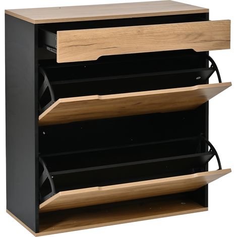 Eingangsset mit Schuhregal, Spiegel, Haken und Ablage, 156x36x176 cm, Schwarz/Holz (1/5)