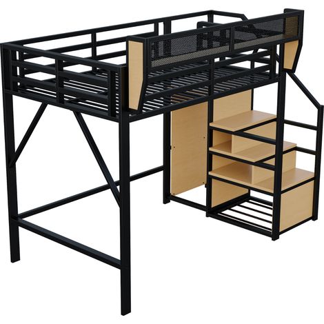 Cama alta 140x200 cm de metal negro con escalera de seguridad y estante de almacenaje HOMVRA (1/5)