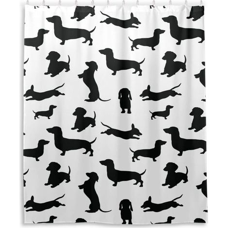 Rideau de douche noir motif Teckels – Décoration de salle de bain – Tissu imperméable – Avec crochets – 180 x 180 cm (1/3)