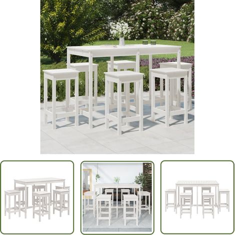 The Living Store 7-tlg. Gartenbar-Set Weiß Massivholz Kiefer - Gartenbar - Esszimmer Im Freien - Holzmöbel - Terrassentisch - Gartenstühle (1/5)
