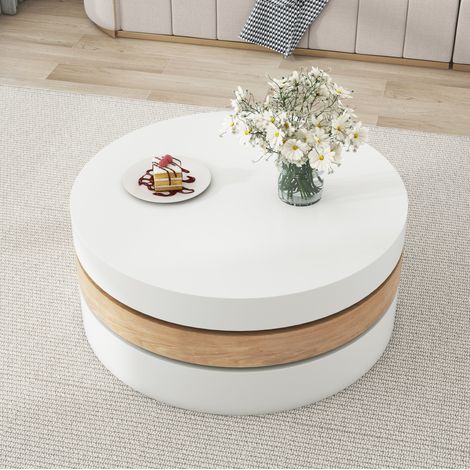 Table basse en MDF 60 x 60 x 35,1 cm Blanc + naturel, pivotante 360° avec rangement (1/5)