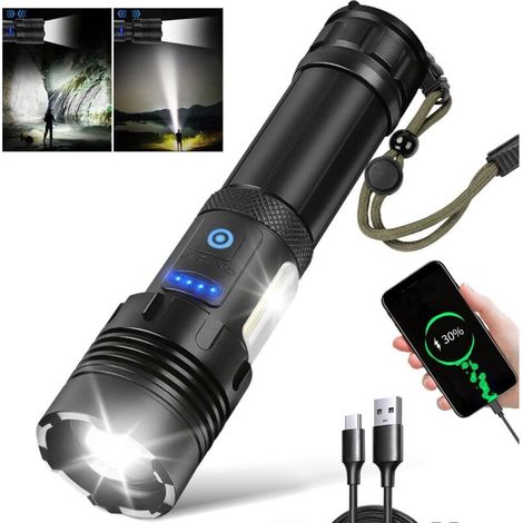 Wiederaufladbare LED-Taschenlampe, hohe Lichtleistung mit COB-Seitenlicht, superhelle LED-Taschenlampe, leistungsstarke wasserdichte Taschenlampe, 7 Modi, Zoom-Taschenlampe