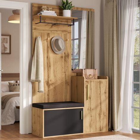Vestiaire d'entrée naturel avec miroir, banc, meuble à chaussures et patères - 100x38x185 cm (1/5)