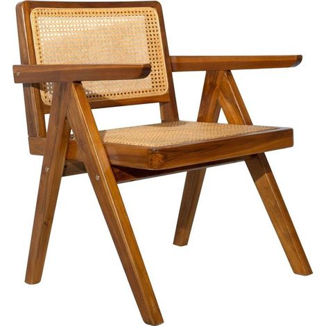 Miliboo – Chaise vintage en teck massif avec accoudoirs – Cannage rotin – Dimensions L56.5 x P57 x H82 cm – Fauteuil déco pour salle à manger