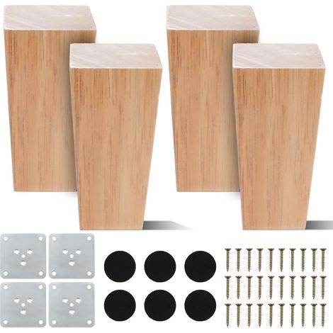 4 Pcs 10 cm Pieds de Meuble en Bois Massif Pieds de Table en Bois Square Pieds de Canapé de Rechange pour Lit Banc Fauteuil Armoire Meuble TV avec Plaque de Montage Vis Protecteur Antidérapant (1/5)