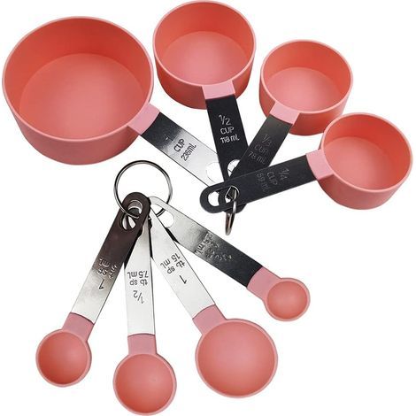 Juego de cucharas medidoras, juego de 8 cucharas y vasos medidores con mangos de acero inoxidable para líquidos y sólidos (rosa) (1/5)