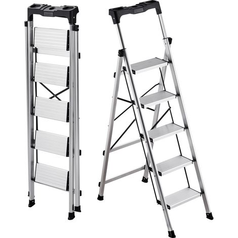 Escabeau Pliant 5 Marches Marchepied Pliable Charge 150 kg Échelle Domestique Alliage d'Aluminium pour Travaux Ménagers, Bricolage, avec Larges Marches Antidérapantes, Plateau à Outils, Argenté (1/5)