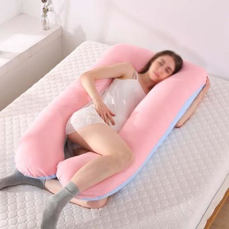Coussin de Grossesse en Forme de U,Coussin Allaitement de Maternité Ergonomique,Soutient Tout Le Corps,Coton-RoseBleu,130x70cm (1/4)