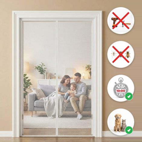 Moustiquaire magnétique pour porte MOSKERA 80x210 cm Blanc - Fermeture aimantée automatique, pose sans perçage