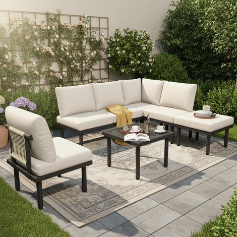 Salon de jardin 6 places, Ensemble table basse et fauteuils de terrasse, Structure en acier galvanisé et corde tressée oléfine, Beige