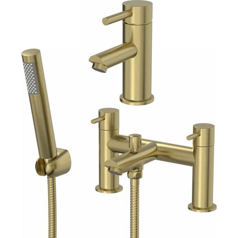 Bath Shower Mixer & Basin Tap Set Round Twin Lever Deck Mounted Brushed Brass (1/5)