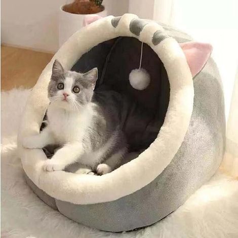 Lit pour Chat Tapis de Grotte Lavable pour Petit Chien en Peluche avec lit Amovible pour Chat et Maison (M-40x38x34cm,Chat Gris) (1/5)