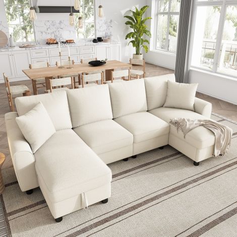 Canapé d'angle moderne en chenille, 2 places avec deux méridiennes, deux coussins, méridiennes avec compartiment de rangement dépliable, canapé modulable multifonctionnel, beige, dimensions : 280 × 13 (1/5)