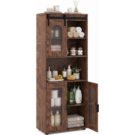 Armoire Haute Salle de Bain avec Porte Coulissante Meuble de Rangement en Bois avec Placard à 2 Portes, Étagère Ouverte, 60x30x150 cm, Marron (1/5)