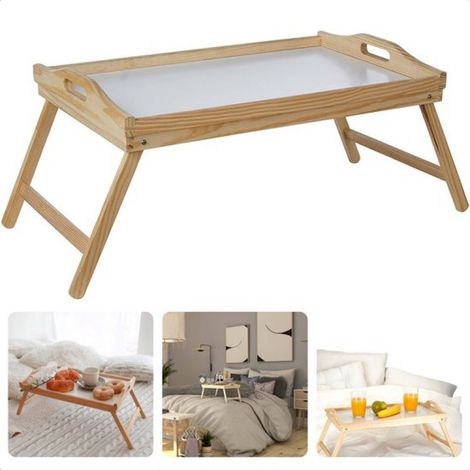 Plateau pliable en bois - Table de lit - Table pour ordinateur portable - Petit-déjeuner au lit - 50 cm x 30 cm - Bois de pin - Plateau laqué blanc - Hauteur : 24 cm - Utilisation au lit - Livre numér (1/5)