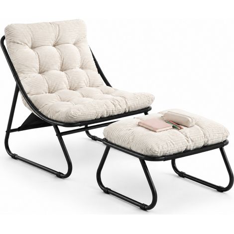 Salon de Jardin 1 Place en Acier avec Chaise Longue, Pouf et Coussin Confortable, Blanc