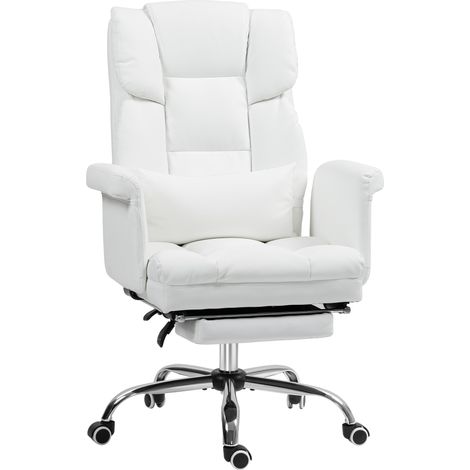 Silla de oficina ergonómica blanca con respaldo reclinable, reposapiés y cojín lumbar (1/5)