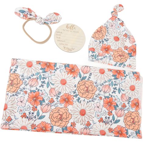 Ensemble de 4 pièces pour bébé : couverture, bandeau et couverture à imprimé floral, respirant et doux, type 1 (1/5)