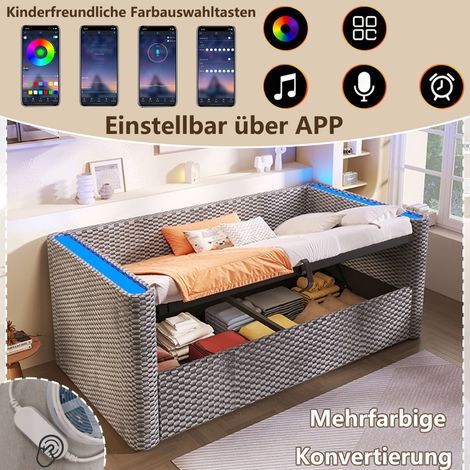 Lit de jour canapé-lit 90×200cm velours gris,LED,rangement hydraulique,socle lattes sans matelas,lit polyvalent et design (1/5)