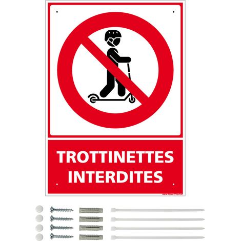 Panneau de signalisation prépercé PVC ou ALU rectangulaire + kit de fixation - Trottinettes interdites - PVC 1 mm - 300 x 420 mm