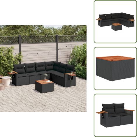 The Living Store Salon de jardin 7 pcs avec coussins noir résine tressée - Ensemble Salon De Jardin - Meuble Extérieur - Jardin Design - Mobilier De Jardin - Chaise Longue (1/5)