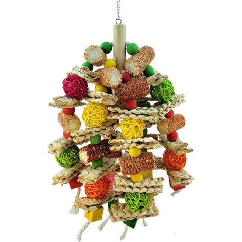 Juguetes masticables en forma de S para loros, hechos de madera de colores, con granos de maíz natural (para aves grandes).