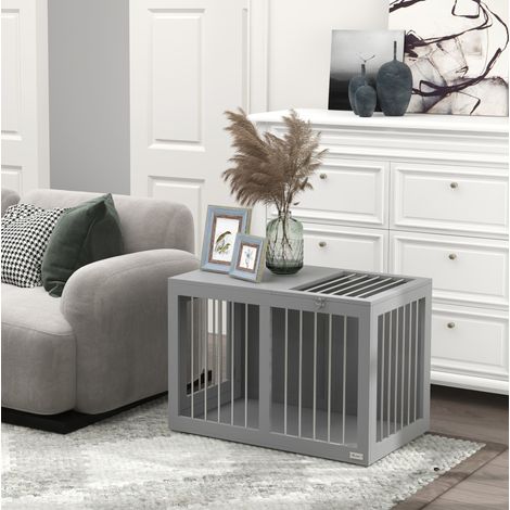 Jaula para perros (80x50x56.5 cm), con 2 puertas, suelo elevado, MDF y acero gris (1/5)