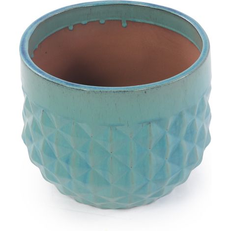 Set di 3 vasi in ceramica smaltata turchese con motivi a rombi e fori di drenaggio (1/5)