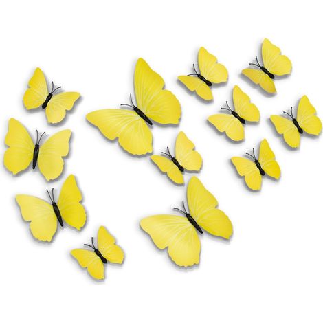 Set mit 12 gelben 3D-Schmetterlings-Wandaufklebern - wasserfest - Schmetterlingssimulation - für Kühlschränke - mit Klebeband - für die Schlafzimmerdekoration