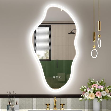 Asymétrique Miroir-Salle-de-Bain-avec-Eclairage 90x50cm, Irrégulier Miroir-LED avec Bluetooth, 3 Couleurs de Lumière Réglables, Anti-buée, Mémoire, IP44, Verre Trempé, Horizontal/Vertical (1/5)