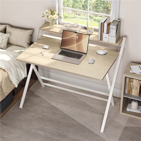 Yaheetech Bureau d'Ordinateur, 100×50×74,5cm, Table Pliable avec Petit Étagère Surélevée et Pieds en Forme X, pour Chambre Salon d'étude Petits Espaces, Bois Clair (1/5)