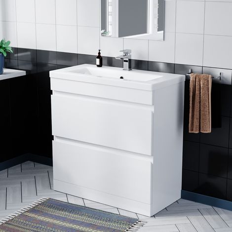Minimalist 800 Freestanding Gloss White Basin Vanity Sink 2 Drawers COT (1/5)