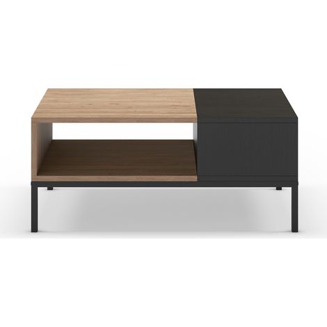 Table basse, table de salon aspect bois coloris naturel, noir et pieds en métal coloris noir -Longueur 90 x Profondeur 56 x Hauteur 40 cm (1/5)