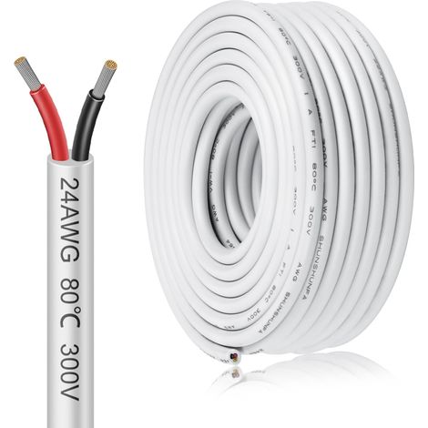 Câble électrique 2 x 0,2 mm² - 6,1 m - 24 AWG - Câble de terre à 2 fils - 5 V/12 V/24 V - Blanc - Câble de terre en cuivre étamé - 300 V - Flexible et souple - Résistance aux températures élevées (1/5)