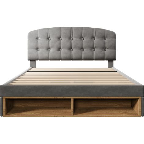 Lit double 140x190 rembourré en velours gris avec sommier à lattes, cadre de lit avec tête de lit courbée réglable en hauteur, lit avec tiroirs et rangements, lit rembourré de chambre sans matelas (1/5)