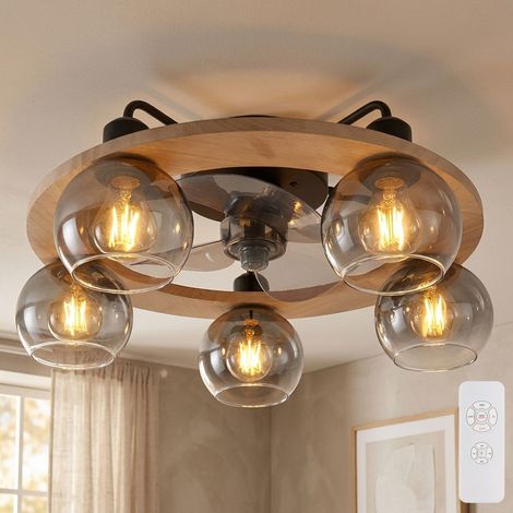 LED Deckenventilator mit Fernbedienung Deckenleuchte Holz Ventilatorlampe Rauchglas, Metall Glas, 5x 6,5W 806Lumen warmweiß, DxH 55x21,5 cm (1/5)