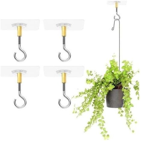 Crochets de plafond auto-adhésifs, sans perçage, transparents pour suspendre les plantes, avec crochets en acier inoxydable adhésifs. (1/4)