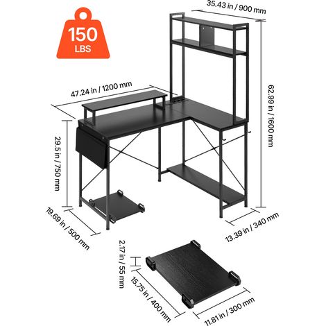 Bureau Gaming Angle Éclairage LED Bureau en L Réversible 1,2 m Table d'Ordinateur pour Télétravail, avec Prises Électriques, Suppor… (1/5)