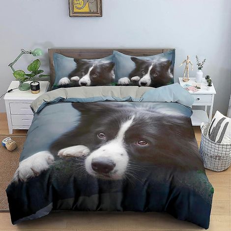 Housse de couette Border Collie pour 2 personnes, 3 pièces, motif chien, en microfibre imprimée 3D avec fermeture éclair, pour enfants et adultes, taille King (220 x 240 cm).