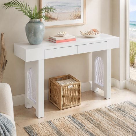 Console d’entrée 120x35,5x76,5 cm blanche avec 2 tiroirs et prises intégrées en MDF MEUBLIV (1/5)