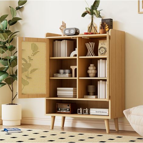 Zapatero 80x35x105 cm roble claro en tablero de partículas con 2 puertas, 5 baldas y apertura push (1/5)