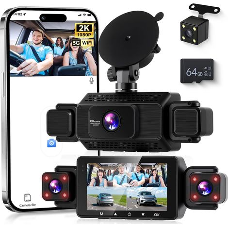 Caméra de Tableau de Bord 1080P Avant et arrière avec WiFi,4 caméras de Voiture avec écran IPS de 3",Vision Nocturne,capteur G,Enregistrement en Boucle, Protection à 360 degrés,avec Carte SD 64 Go (1/5)