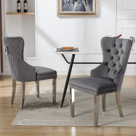 Chaise de salle à manger (chaise de cuisine, de salon avec heurtoir original au dossier, lot de 2), chaise rembourrée avec garniture cloutée, pieds de support en métal, revêtement en velours, gris (1/5)