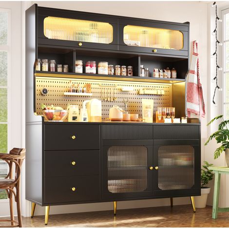 Aparador alto 145x39x171 cm con LED RGB y control por app, puerta abatible, vidrio estriado, negro (1/5)