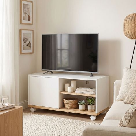 Meuble TV sur roulettes avec freins, comprenant un placard et une étagère réglable, blanc et chêne. (1/4)