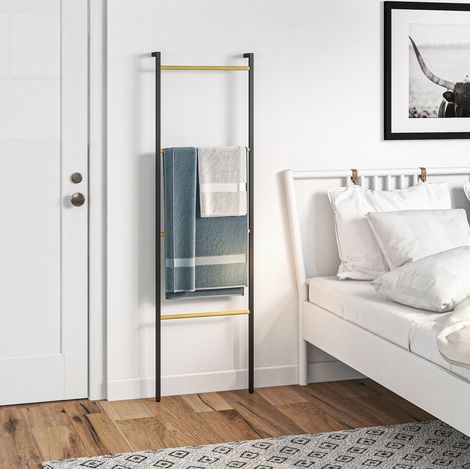 CHICFURN Scala porta asciugamani 49 x 167,5 cm in acciaio e bambù nero salvaspazio (1/5)