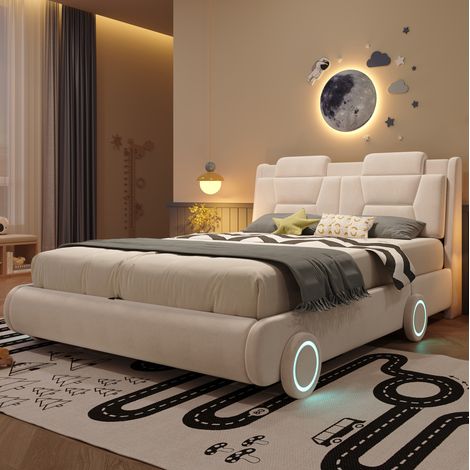 MODFU – Cama de matrimonio forma de coche 140x200 cm de franela con ruedas luminosas, cabecero regulable, respaldo acolchado, carga 220 kg y 2 paquetes – Beige (1/5)