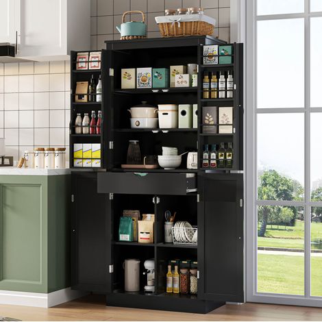 REDOM - Mobile da cucina 75x40x182 cm, contenitore multifunzionale, cassetto interno, ripiani e scomparti, MDF nero (1/5)