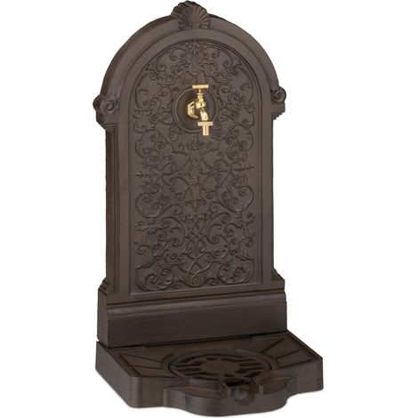Relaxdays – Fontaine de jardin en fonte d’aluminium marron – Design nostalgique avec robinet – Dimensions H73 x L39 x P32 cm – Bac rond avec grille